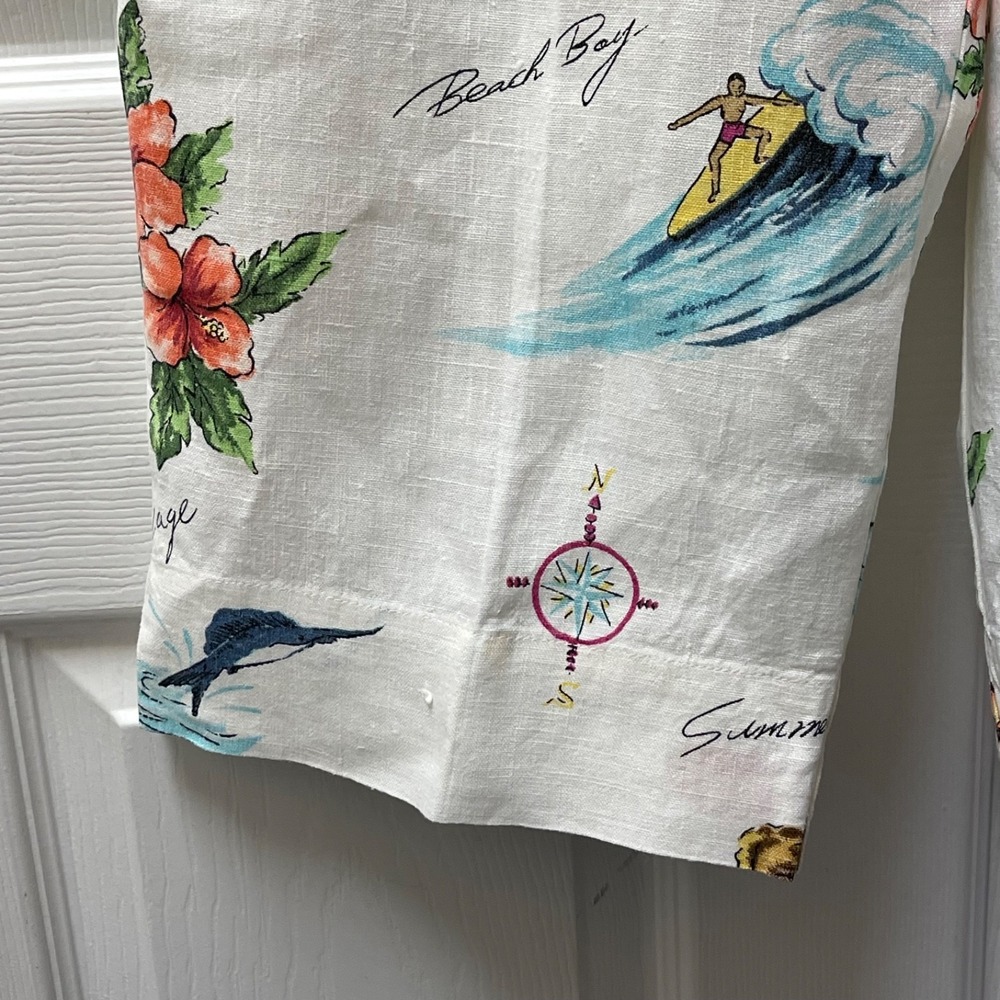 Vintage Hot Cotton Marc Ware Womens S Beach Island Surf Print White Linen Pant - Picture 5 of 14